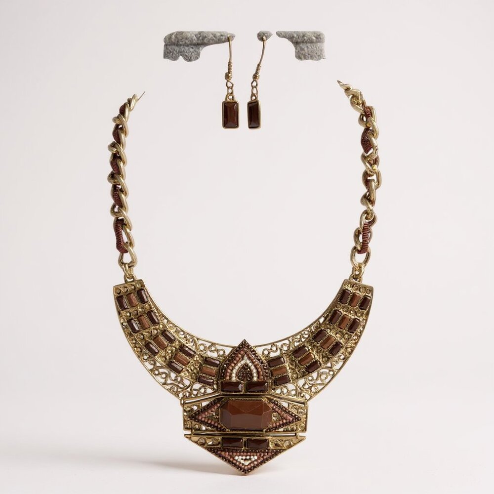 Brown And Gold Aztec look Necklace Earring Set